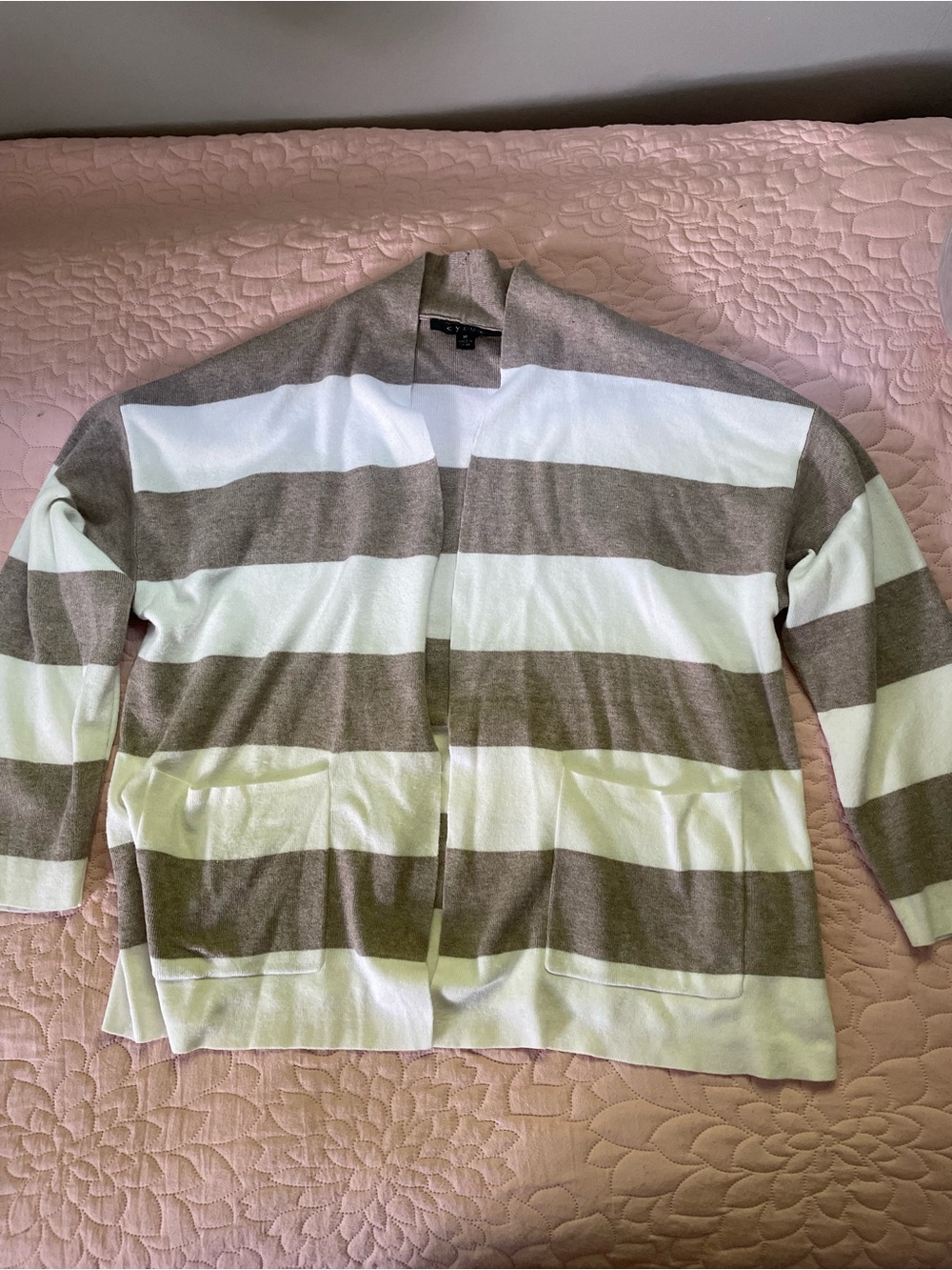 Striped Open-Front Women’s Cardigan Sweater in Taupe and White